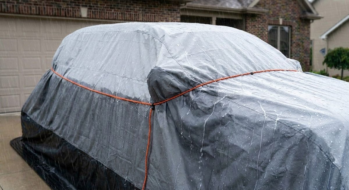 張った屋根フラップと絞り口を雨が流れ落ちる様子